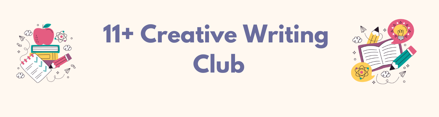 Website Page Banner for 11+ Creative Writing Club with pictures of paper, pencils and lightbulbs!