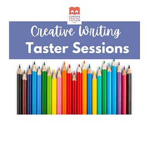 Banner with coloured pencils for creative writing taster sessions