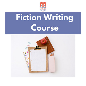 Fiction Writing Course with photo of notebooks, pen and apple